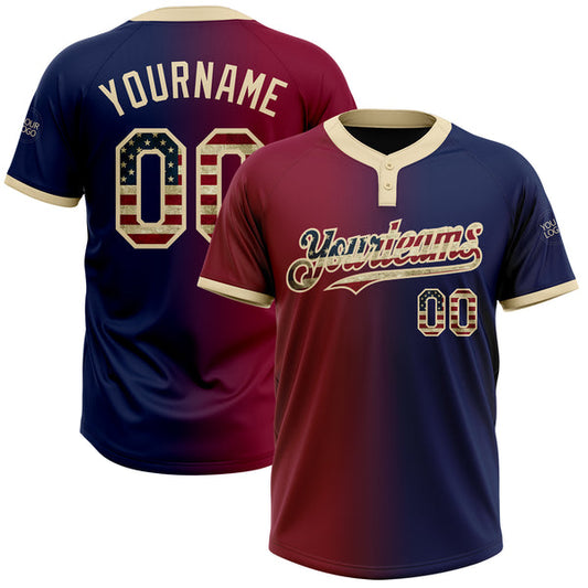 Maxcorners Custom Navy Vintage USA Flag Maroon-City Cream Gradient Fashion Two-Button Unisex Softball Jersey LM0609