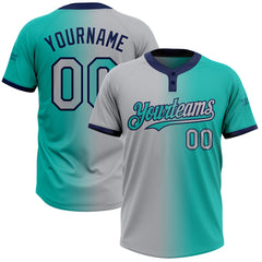 Maxcorners Custom Aqua Gray-Navy Gradient Fashion Two-Button Unisex Softball Jersey LM0609