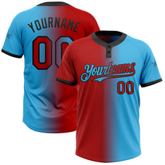 Maxcorners Custom Sky Blue Red-Black Gradient Fashion Two-Button Unisex Softball Jersey LM0609