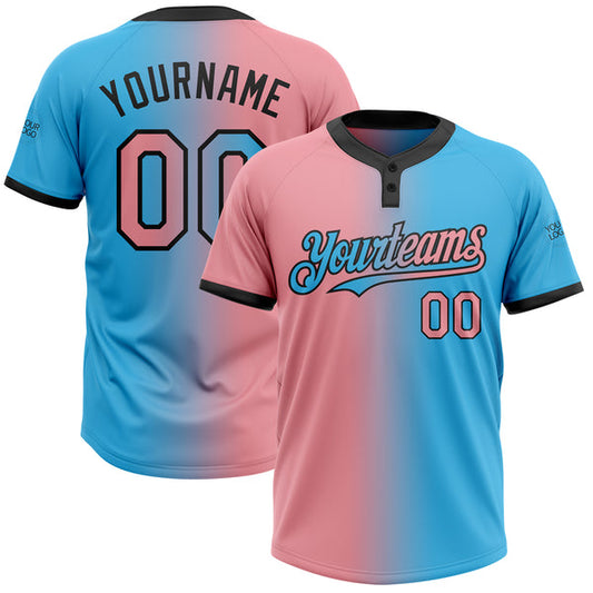 Maxcorners Custom Sky Blue Medium Pink-Black Gradient Fashion Two-Button Unisex Softball Jersey LM0609