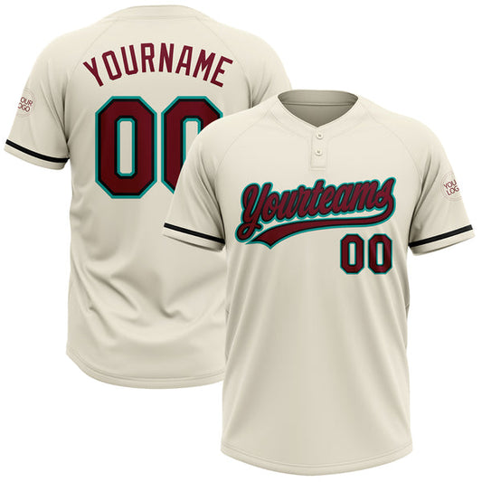 Maxcorners Custom Cream Crimson Black-Aqua Two-Button Unisex Softball Jersey LM0609
