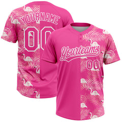 Maxcorners Custom Pink White 3D Pattern Tropical Palm Leaves And Famingo Two-Button Unisex Softball Jersey LM0609