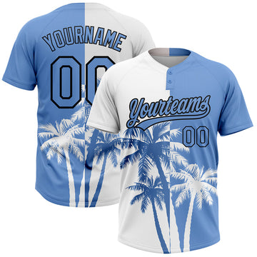 Maxcorners Custom White Light Blue-Black 3D Pattern Hawaii Coconut Trees Two-Button Unisex Softball Jersey LM0609