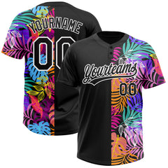 Maxcorners Custom Black White 3D Pattern Hawaii Tropical Palm Trees Two-Button Unisex Softball Jersey LM0609