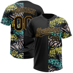 Maxcorners Custom Black Old Gold 3D Pattern Hawaii Tropical Palm Leaves With Animal Print Two-Button Unisex Softball Jersey LM0609