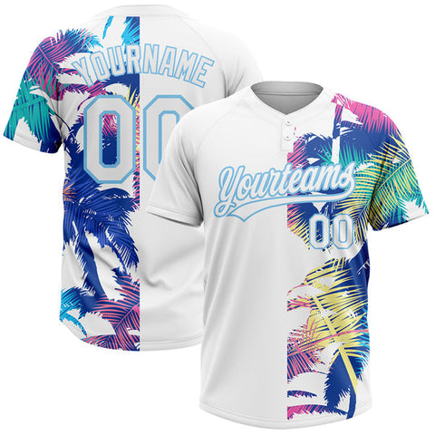 Maxcorners Custom White Light Blue 3D Pattern Hawaii Palm Trees Two-Button Unisex Softball Jersey
 LM0609