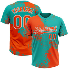 Maxcorners Custom Orange Aqua-White 3D Pattern Abstract Brush Stroke Two-Button Unisex Softball Jersey LM0609