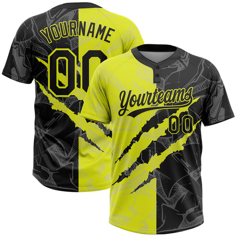 Maxcorners Custom Graffiti Pattern Black-Neon Yellow 3D Scratch Two-Button Unisex Softball Jersey LM0609