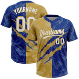 Maxcorners Custom Graffiti Pattern White Royal-Old Gold 3D Scratch Two-Button Unisex Softball Jersey LM0609