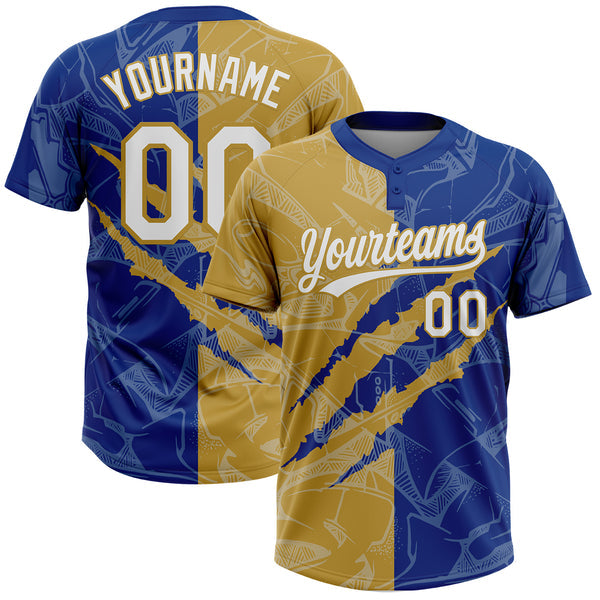 Maxcorners Custom Graffiti Pattern White Royal-Old Gold 3D Scratch Two-Button Unisex Softball Jersey LM0609