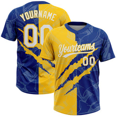 Maxcorners Custom Graffiti Pattern White Royal-Yellow 3D Scratch Two-Button Unisex Softball Jersey LM0609