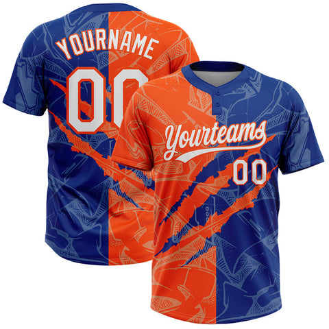 Maxcorners Custom Graffiti Pattern White Royal-Orange 3D Scratch Two-Button Unisex Softball Jersey LM0609