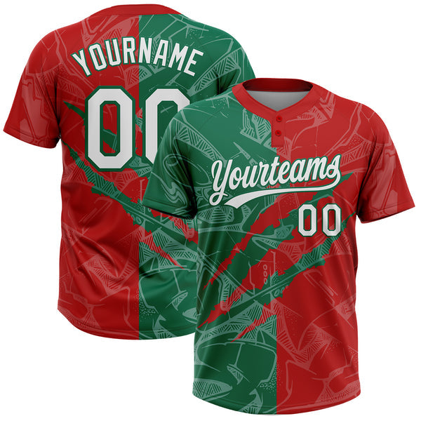 Maxcorners Custom Graffiti Pattern White Red-Kelly Green 3D Scratch Two-Button Unisex Softball Jersey LM0609