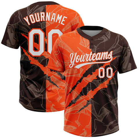 Maxcorners Custom Graffiti Pattern White Brown-Orange 3D Scratch Two-Button Unisex Softball Jersey LM0609