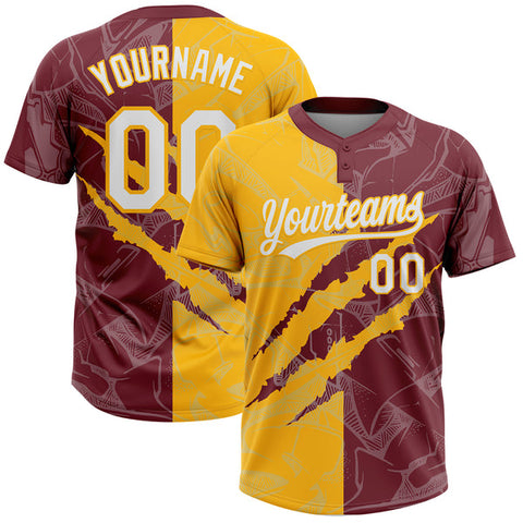 Maxcorners Custom Graffiti Pattern White Burgundy-Gold 3D Scratch Two-Button Unisex Softball Jersey LM0609