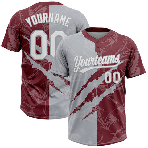 Maxcorners Custom Graffiti Pattern White Burgundy-Gray 3D Scratch Two-Button Unisex Softball Jersey LM0609