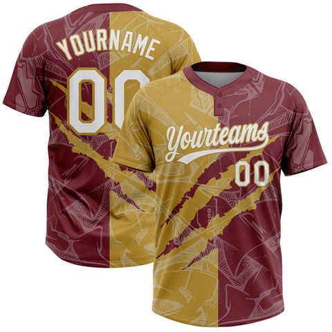 Maxcorners Custom Graffiti Pattern White Burgundy-Old Gold 3D Scratch Two-Button Unisex Softball Jersey LM0609