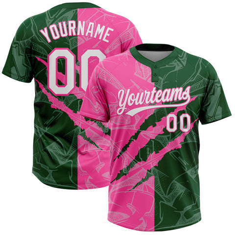 Maxcorners Custom Graffiti Pattern White Green-Pink 3D Scratch Two-Button Unisex Softball Jersey LM0609