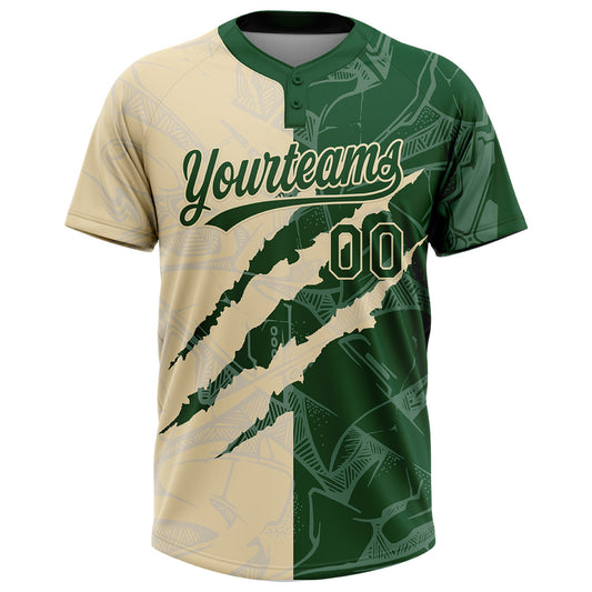 Maxcorners Custom Graffiti Pattern Green-Cream 3D Scratch Two-Button Unisex Softball Jersey LM2605