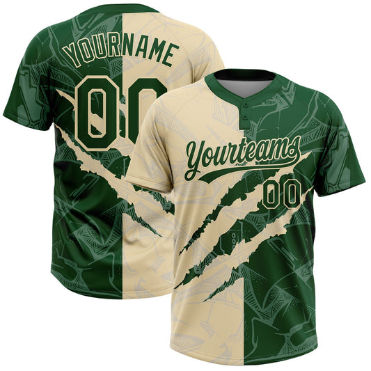 Maxcorners Custom Graffiti Pattern Green-Cream 3D Scratch Two-Button Unisex Softball Jersey LM2605