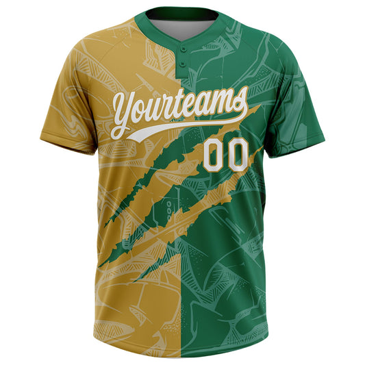Maxcorners Custom Graffiti Pattern White Kelly Green-Old Gold 3D Scratch Two-Button Unisex Softball Jersey LM2605