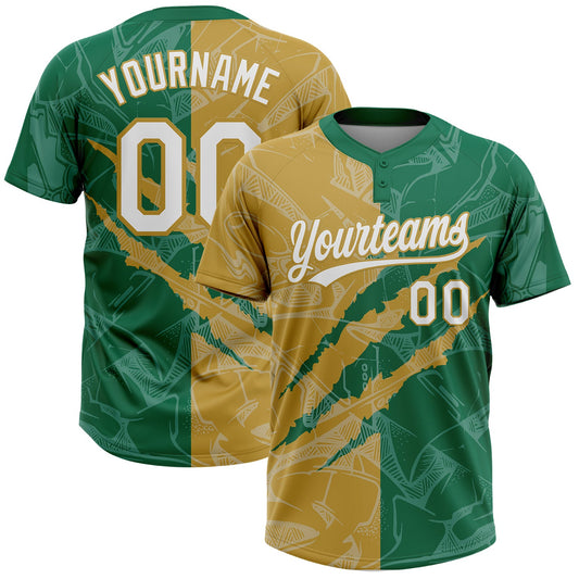Maxcorners Custom Graffiti Pattern White Kelly Green-Old Gold 3D Scratch Two-Button Unisex Softball Jersey LM2605
