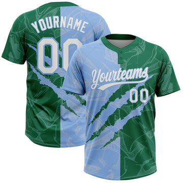 Maxcorners Custom Graffiti Pattern White Kelly Green-Light Blue 3D Scratch Two-Button Unisex Softball Jersey LM2605