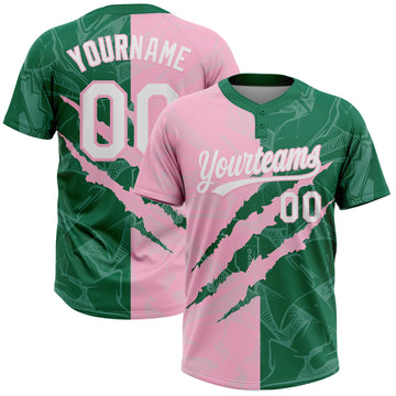 Maxcorners Custom Graffiti Pattern White Kelly Green-Light Pink 3D Scratch Two-Button Unisex Softball Jersey LM2605
