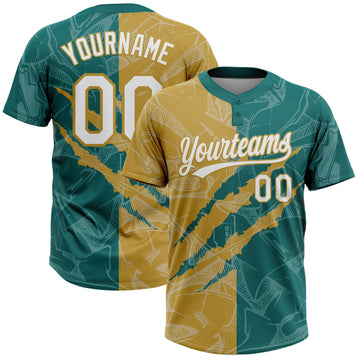 Maxcorners Custom Graffiti Pattern White Teal-Old Gold 3D Scratch Two-Button Unisex Softball Jersey LM2605