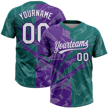 Maxcorners Custom Graffiti Pattern White Teal-Purple 3D Scratch Two-Button Unisex Softball Jersey LM2605