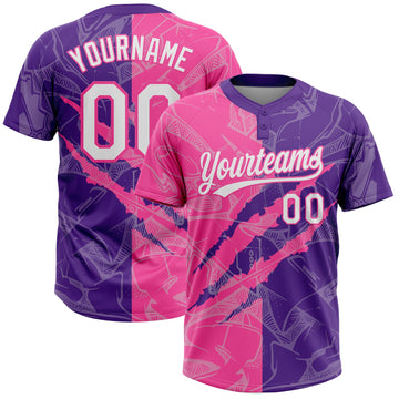Maxcorners Custom Graffiti Pattern White Purple-Pink 3D Scratch Two-Button Unisex Softball Jersey LM2605