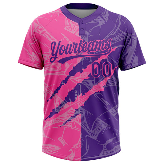 Maxcorners Custom Graffiti Pattern Purple-Pink 3D Scratch Two-Button Unisex Softball Jersey LM2605
