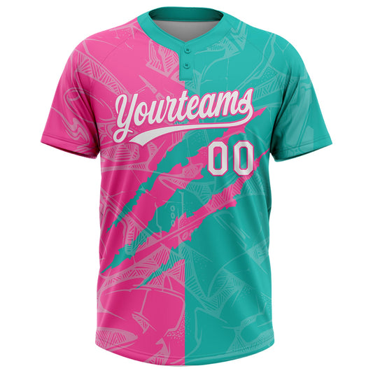 Maxcorners Custom Graffiti Pattern White Aqua-Pink 3D Scratch Two-Button Unisex Softball Jersey LM2605