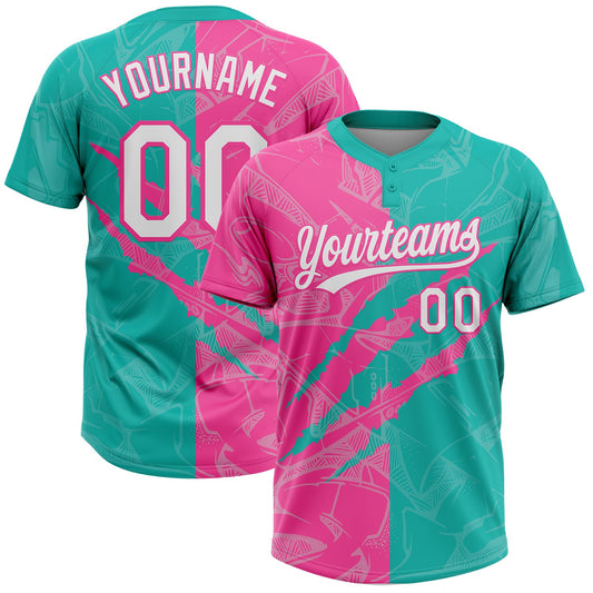Maxcorners Custom Graffiti Pattern White Aqua-Pink 3D Scratch Two-Button Unisex Softball Jersey LM2605
