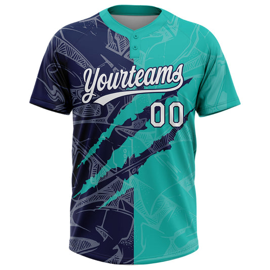 Maxcorners Custom Graffiti Pattern White Aqua-Navy 3D Scratch Two-Button Unisex Softball Jersey LM2605