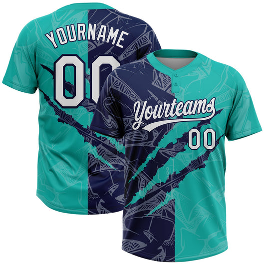 Maxcorners Custom Graffiti Pattern White Aqua-Navy 3D Scratch Two-Button Unisex Softball Jersey LM2605