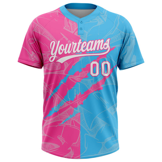 Maxcorners Custom Graffiti Pattern White Sky Blue-Pink 3D Scratch Two-Button Unisex Softball Jersey LM2605