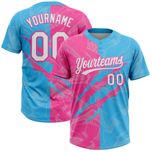 Maxcorners Custom Graffiti Pattern White Sky Blue-Pink 3D Scratch Two-Button Unisex Softball Jersey LM2605