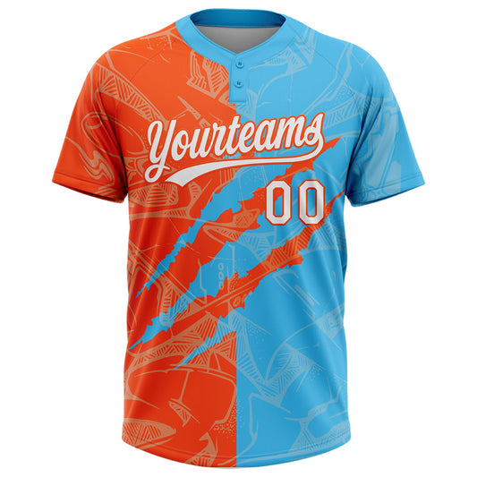 Maxcorners Custom Graffiti Pattern White Sky Blue-Orange 3D Scratch Two-Button Unisex Softball Jersey LM2605