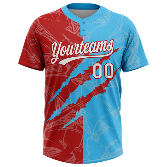 Maxcorners Custom Graffiti Pattern White Sky Blue-Red 3D Scratch Two-Button Unisex Softball Jersey LM2605