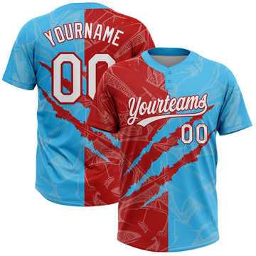 Maxcorners Custom Graffiti Pattern White Sky Blue-Red 3D Scratch Two-Button Unisex Softball Jersey LM2605