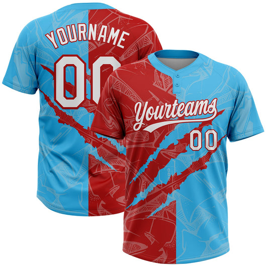 Maxcorners Custom Graffiti Pattern White Sky Blue-Red 3D Scratch Two-Button Unisex Softball Jersey LM2605