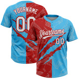 Maxcorners Custom Graffiti Pattern White Sky Blue-Red 3D Scratch Two-Button Unisex Softball Jersey LM0609