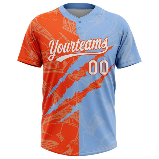 Maxcorners Custom Graffiti Pattern White Light Blue-Orange 3D Scratch Two-Button Unisex Softball Jersey LM2605