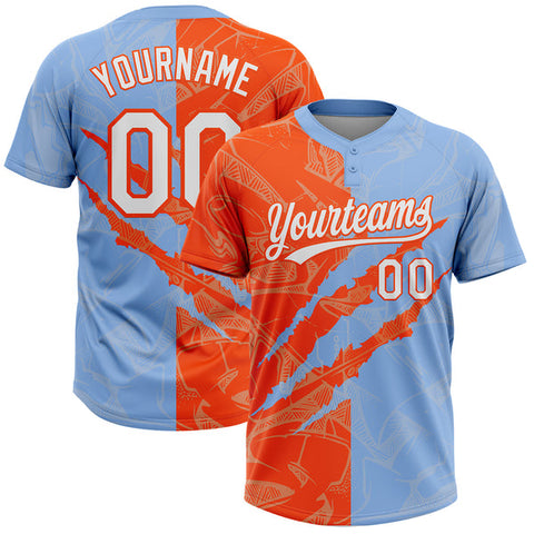 Maxcorners Custom Graffiti Pattern White Light Blue-Orange 3D Scratch Two-Button Unisex Softball Jersey LM0609