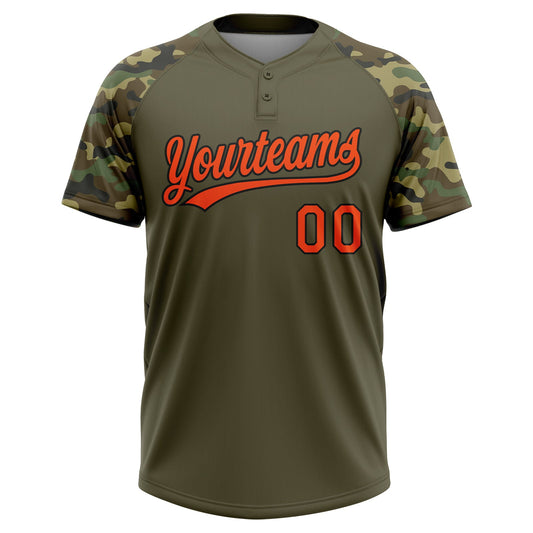 Maxcorners Custom Olive Orange-Black Salute To Service Camo Raglan Sleeves Two-Button Unisex Softball Jersey LM2605
