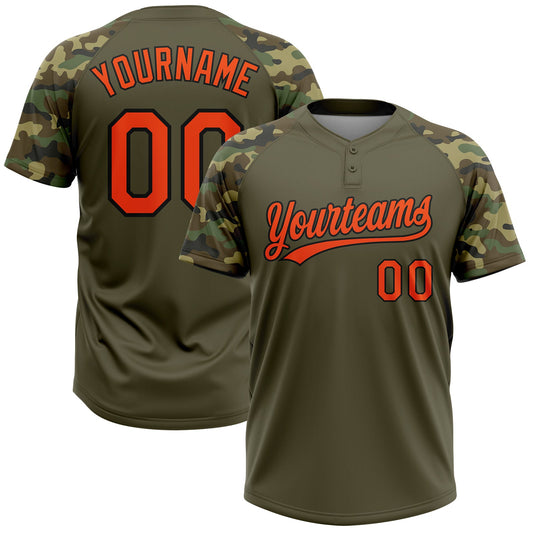 Maxcorners Custom Olive Orange-Black Salute To Service Camo Raglan Sleeves Two-Button Unisex Softball Jersey LM2605
