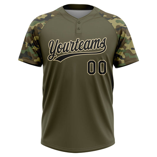 Maxcorners Custom Olive Black-Cream Salute To Service Camo Raglan Sleeves Two-Button Unisex Softball Jersey LM2605