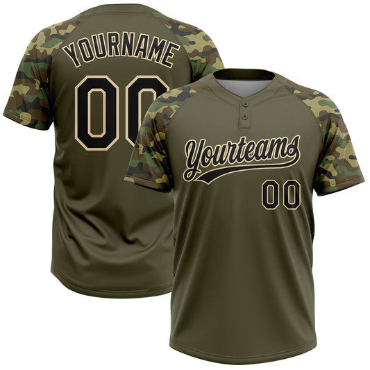 Maxcorners Custom Olive Black-Cream Salute To Service Camo Raglan Sleeves Two-Button Unisex Softball Jersey LM2605