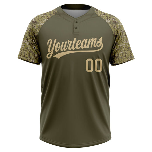 Maxcorners Custom Olive Vegas Gold Salute To Service Camo Raglan Sleeves Two-Button Unisex Softball Jersey LM2605
